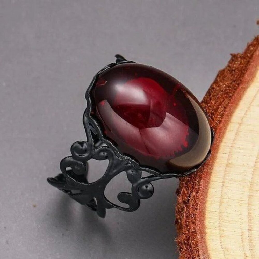 Gothic Victorian Vampire Ring Red Glass Centerpiece and Black Filigree Metal
